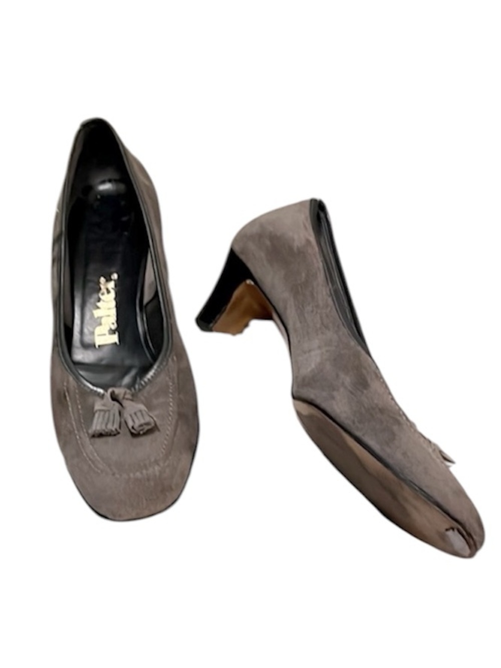 Palter Women’s Vintage Neutral Gray Suede Tassel Slip On Heeled Loafers 8.5